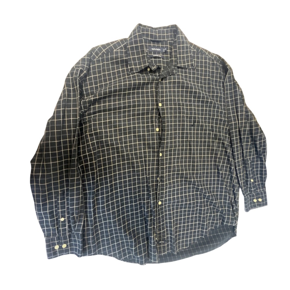 Nautica‎ Mens XL Traveler Twill Windowpane Check Button Down Shirt Navy Blue